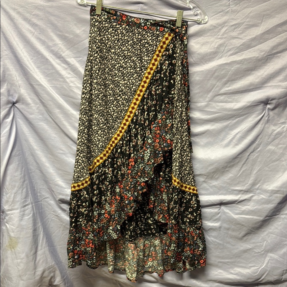 Free People Green and Cream Maxi Wrap Skirt